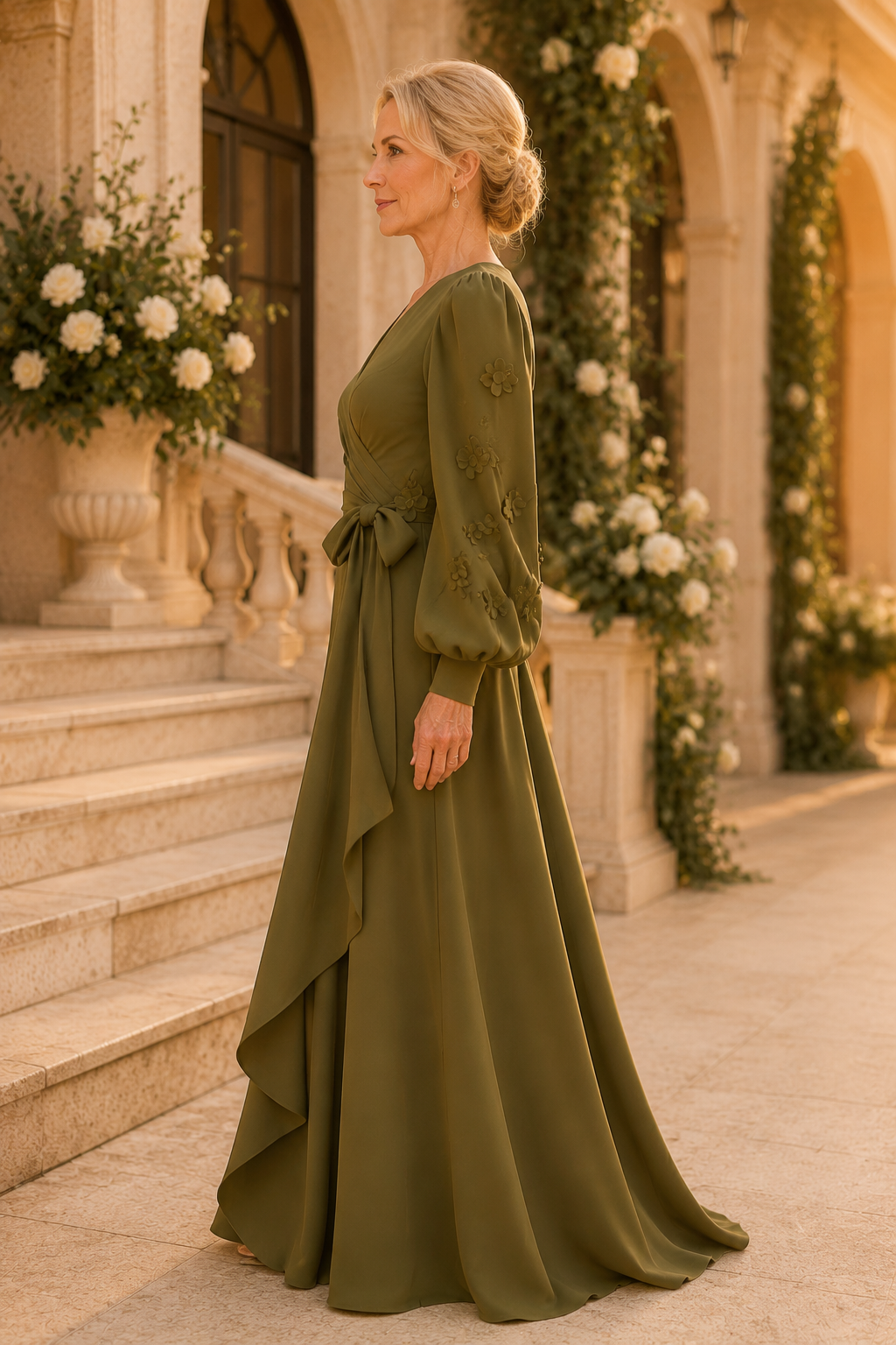 A-Line Wrap Evening Dress with 3D Flower Sleeves