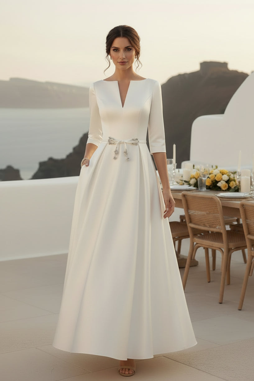 A-Line Satin 3/4 Sleeve Midi Dress with Pockets