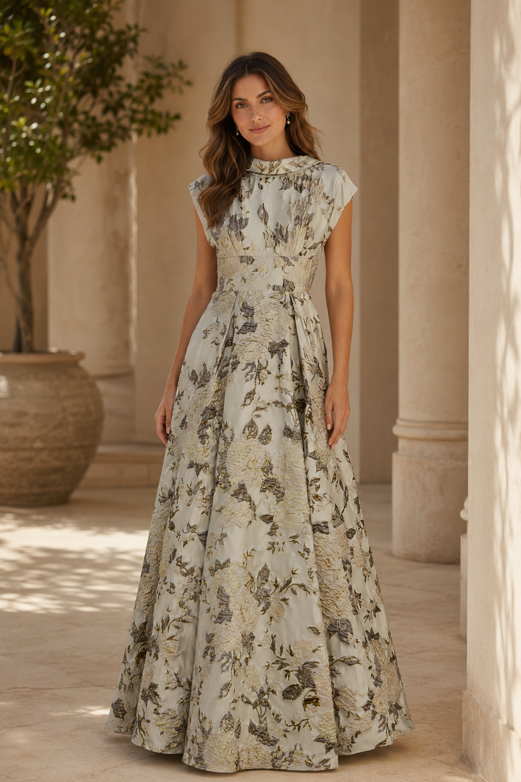Floral Jacquard A-Line Evening Gown with V-Back