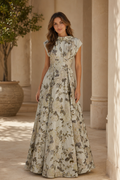 Floral Jacquard A-Line Evening Gown with V-Back