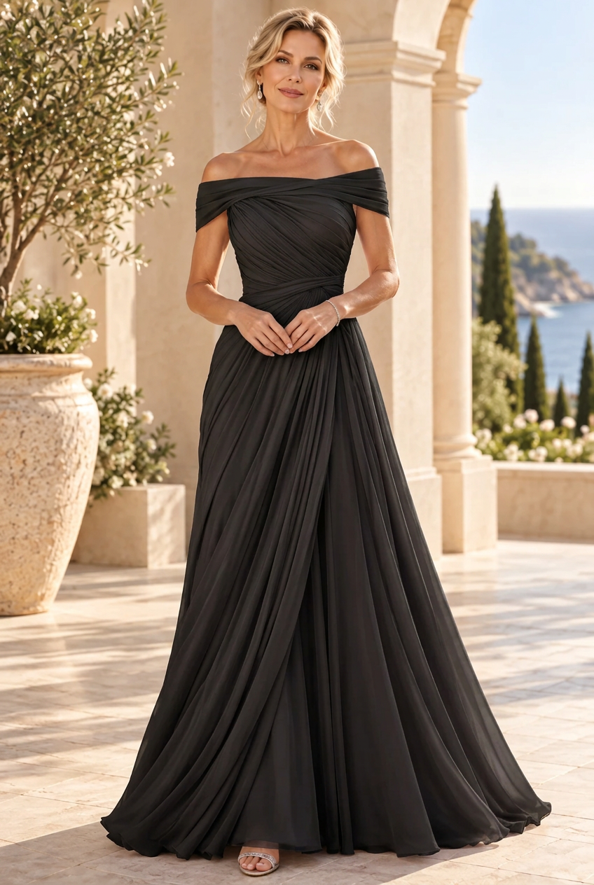 Off-the-Shoulder Pleated Chiffon A-Line Gown