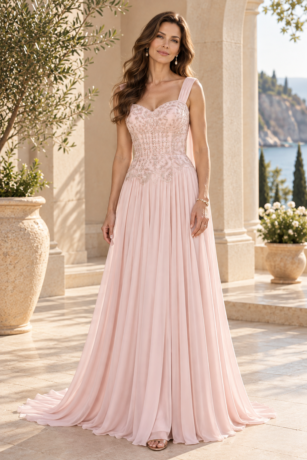 Beaded Corset Evening Gown with Shoulder Drape