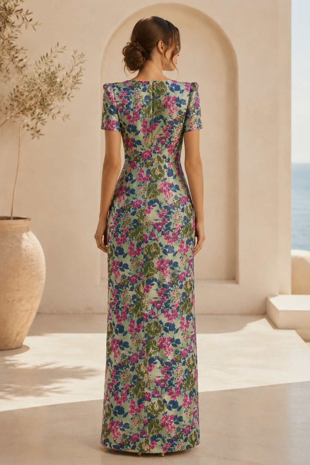 Floral Jacquard Sheath Gown with High Slit