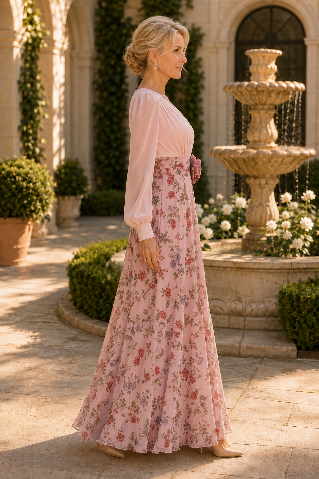 Floral A-Line Maxi Dress with Long Sleeves