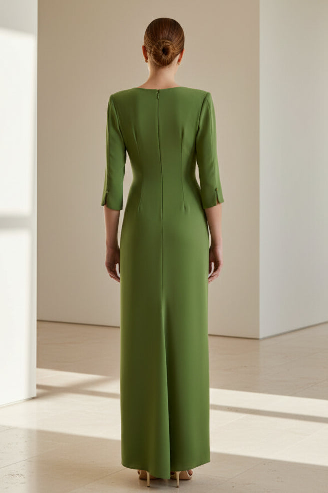 V-Neck 3/4 Sleeve Column Evening Gown with Ruched Waist
