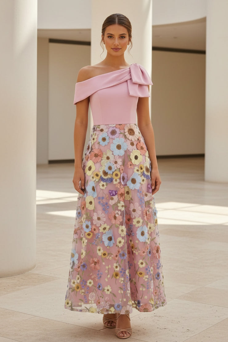 One Shoulder Bow Floral Applique Maxi Dress
