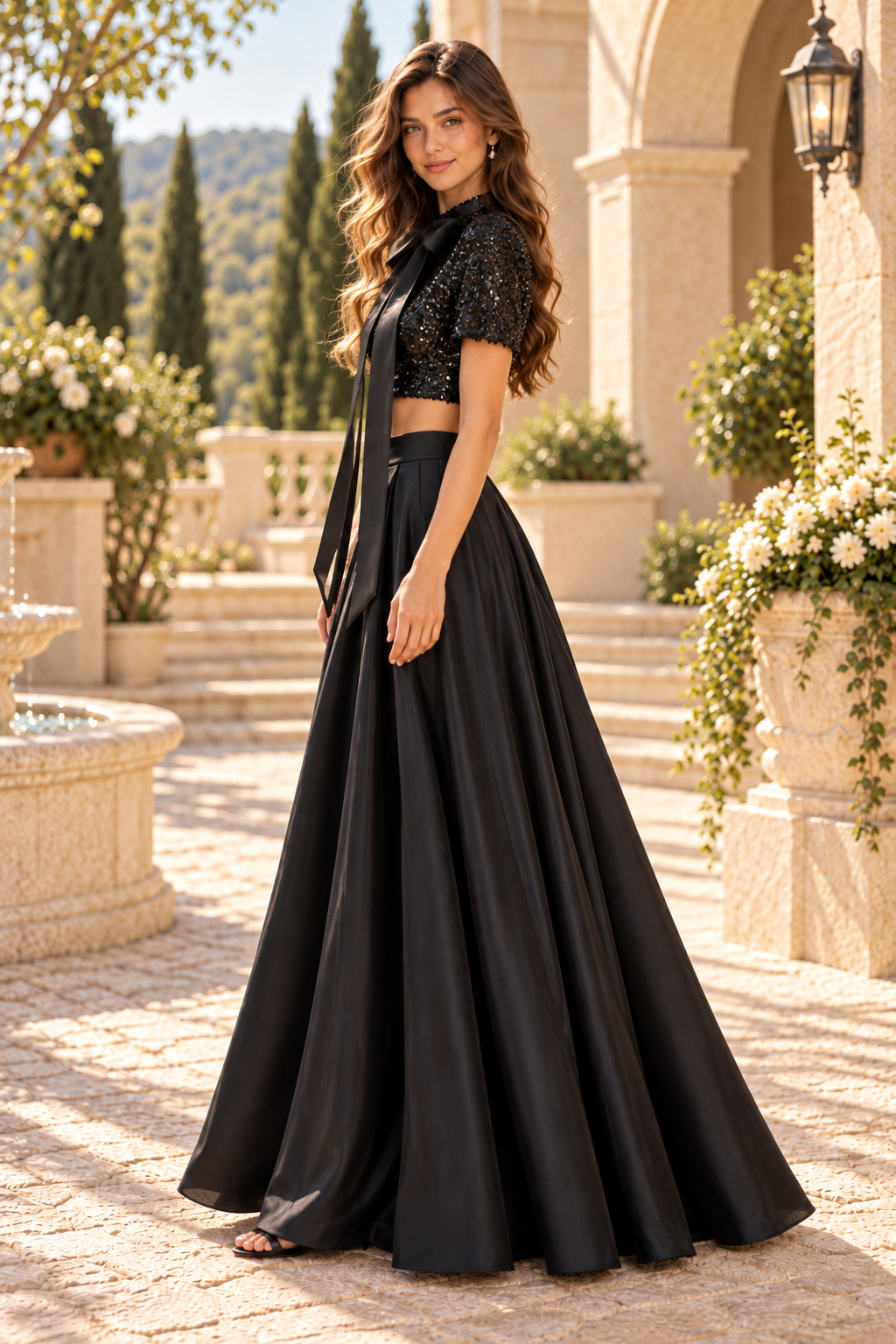 Sequin Crop Top Gown with Dual Slit Skirt