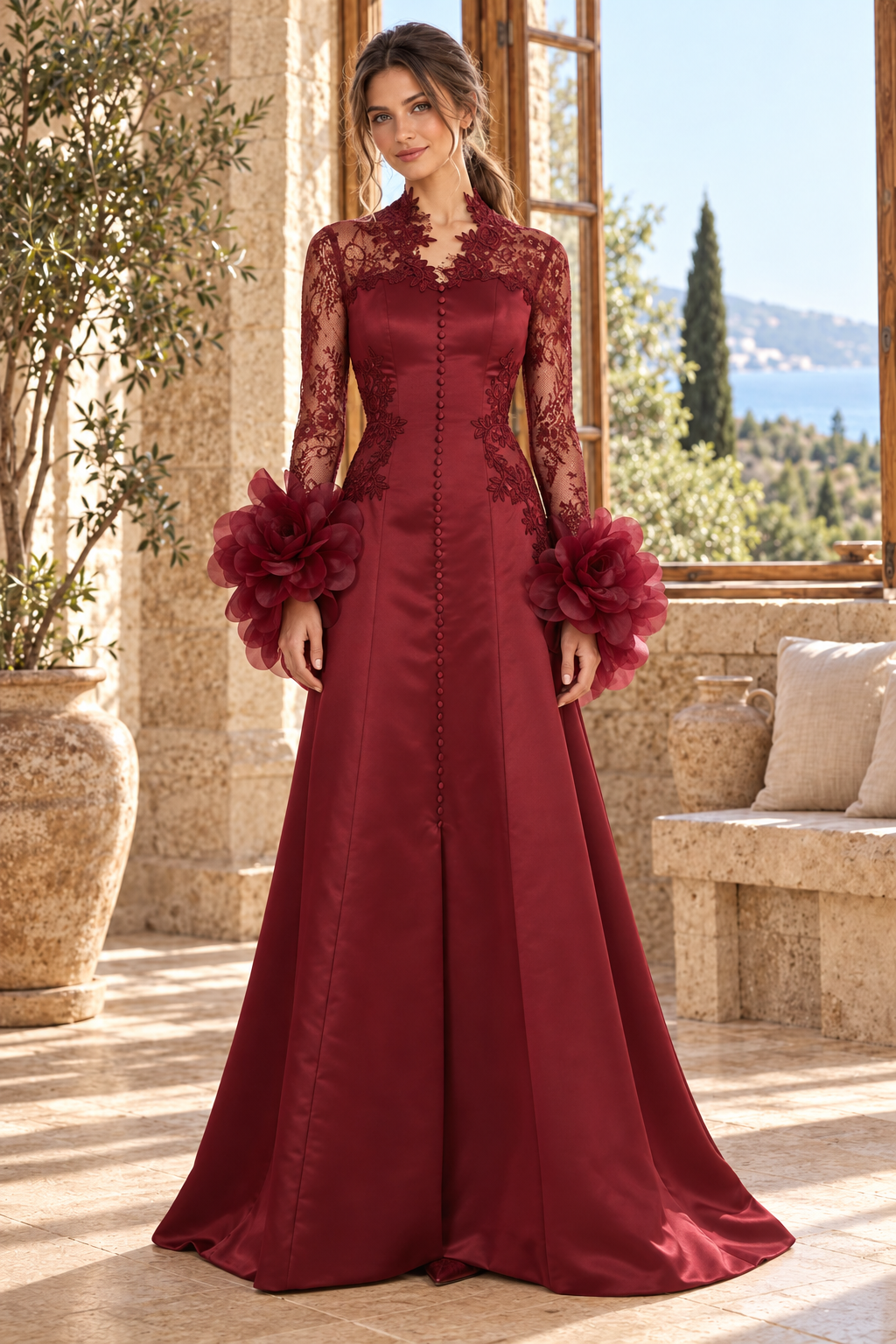 Lace High-Neck Gown with Floral Cuff Sleeves