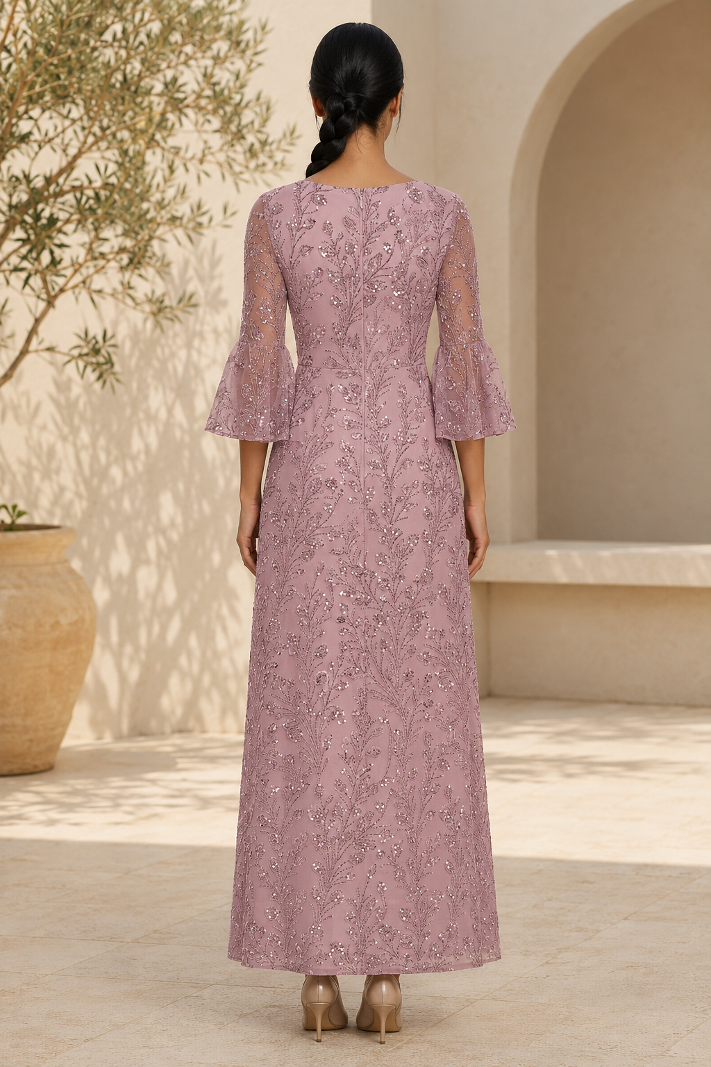 Sequin Embroidered A-Line Gown with Bell Sleeves