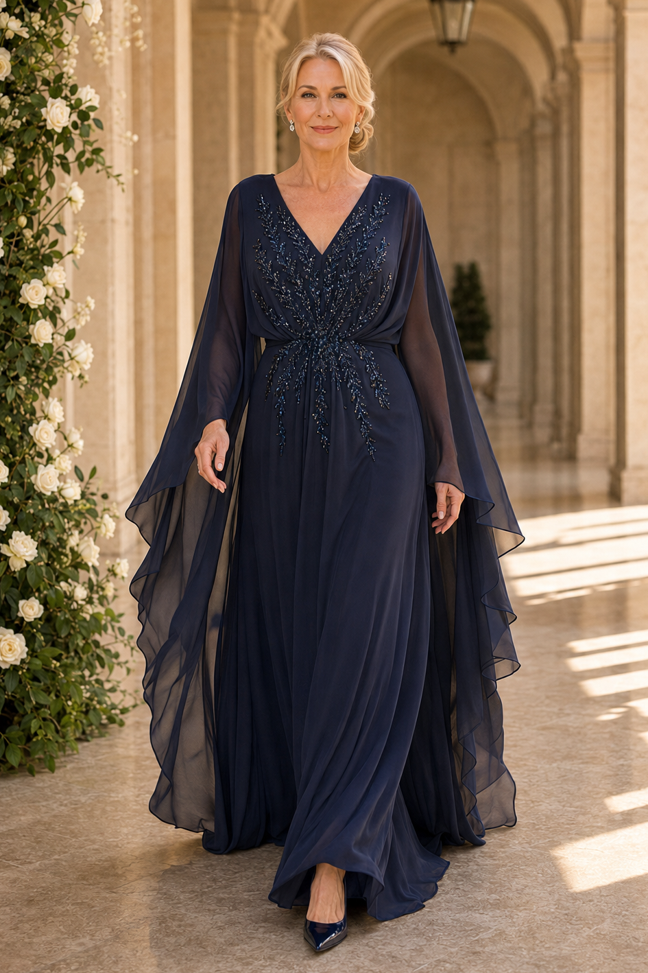 Beaded V-Neck Evening Gown with Cape Sleeves