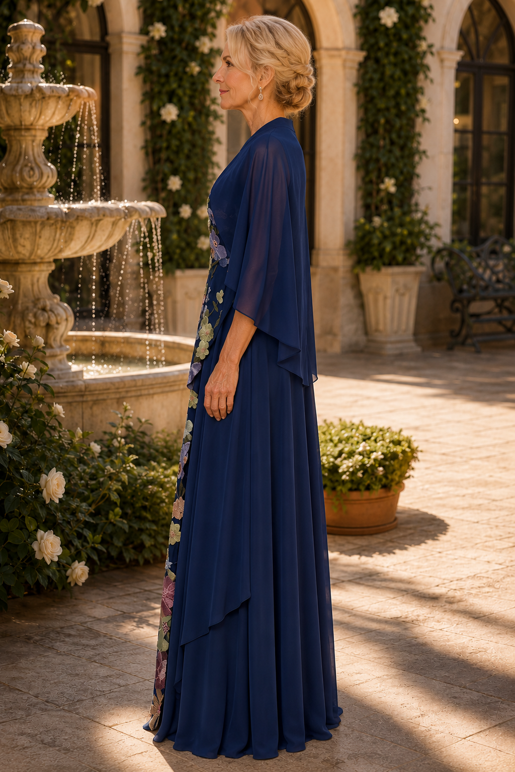 Floral Embroidered Capelet Gown with Cascading Drape