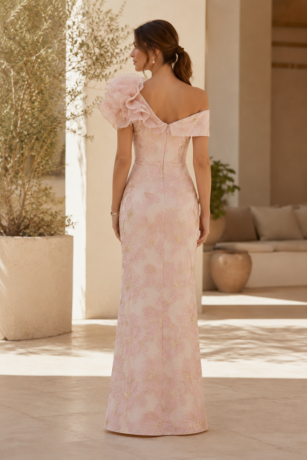Off-Shoulder Floral Jacquard Column Gown with Ruffle Flower