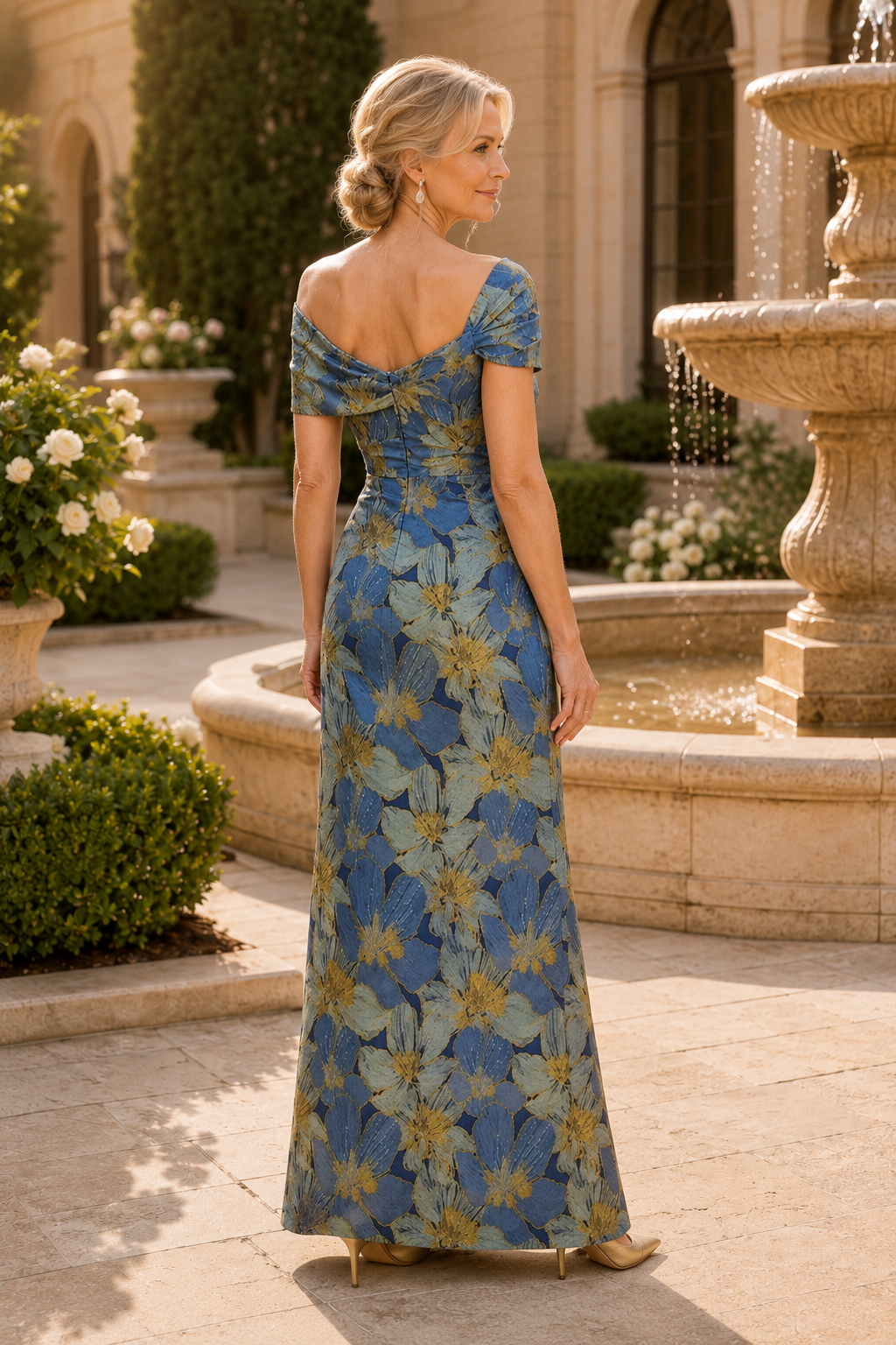 Floral Jacquard Gown with Peplum Detail