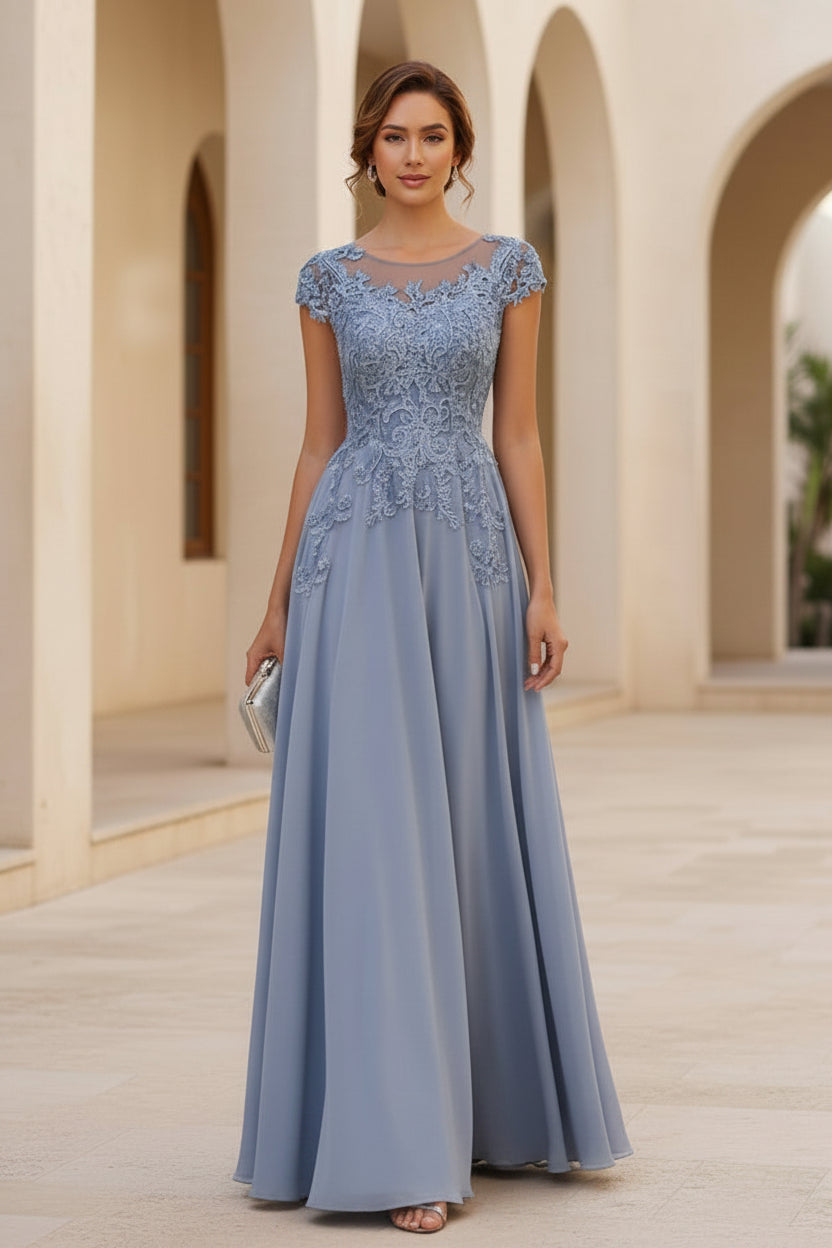 Cap Sleeve Lace Applique A-Line Chiffon Formal Gown