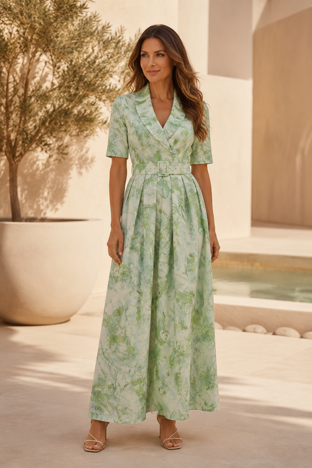 Collared Pleated Midi Dress with Belt