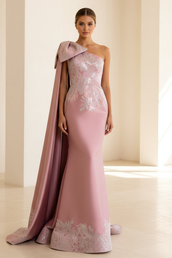 One-Shoulder Metallic Jacquard Mermaid Gown