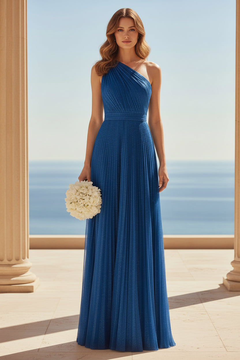 One-Shoulder Pleated A-Line Evening Gown
