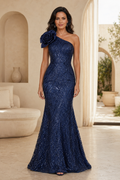 One-Shoulder Rosette Sequin Mermaid Gown