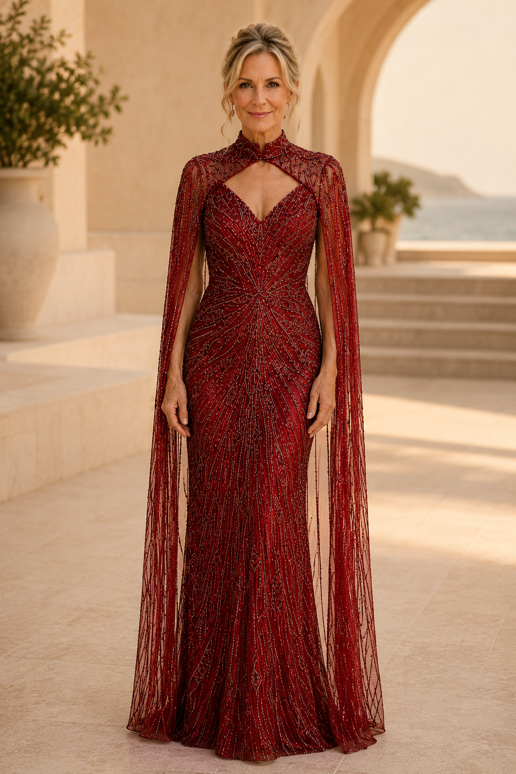 Perlenbesetztes hochgeschlossenes Kleid mit Cape-Ärmeln