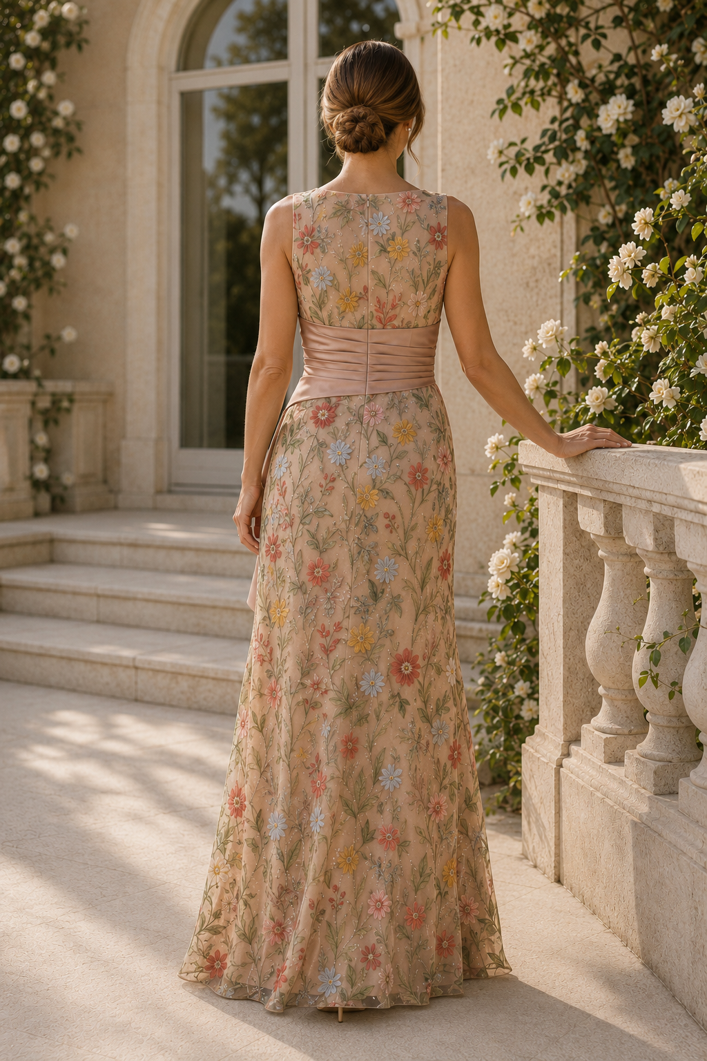 Embroidered Floral Sleeveless Gown with Ruffled Sash