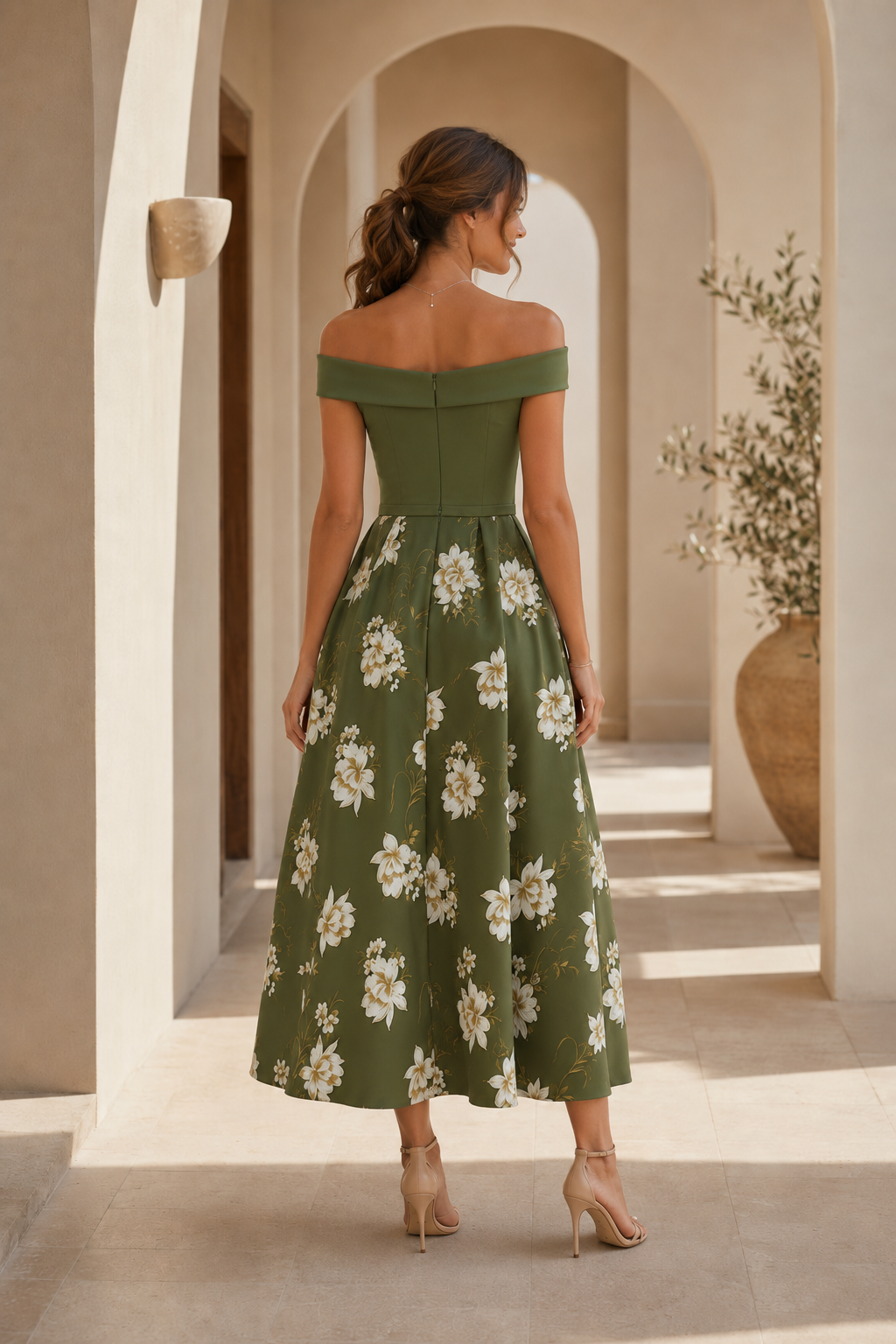 Off-the-Shoulder Floral Print A-Line Midi Dress