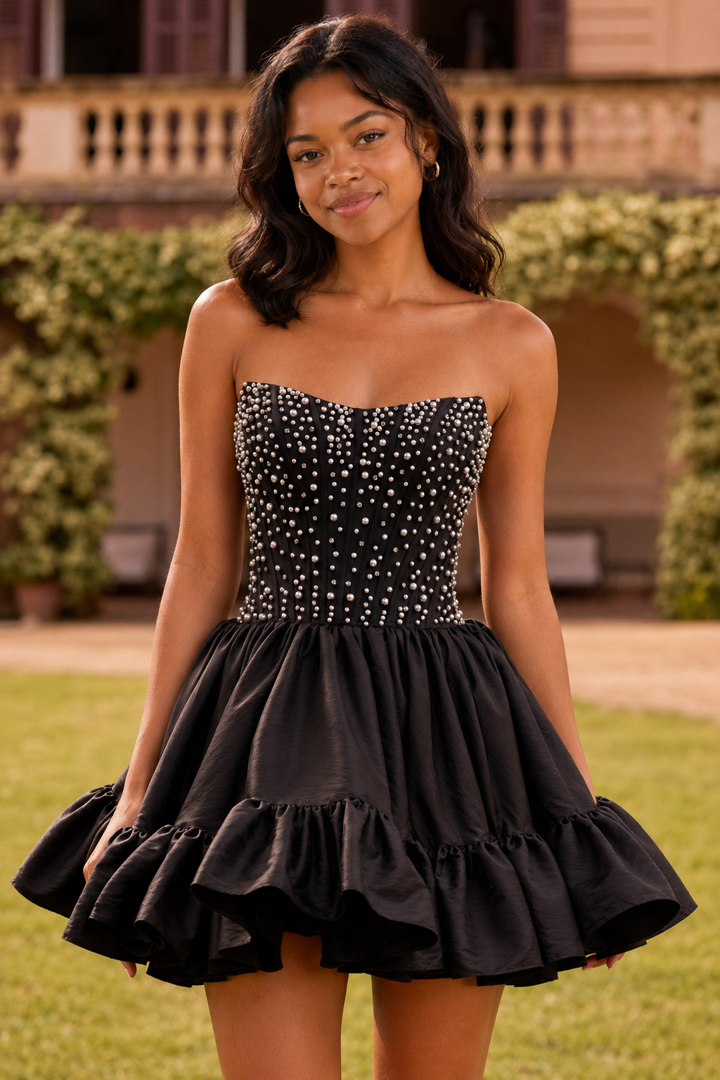 Strapless Pearl Corset Mini Dress with Ruffled Skirt