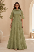 Cowl Neck Lace A-Line Gown with Flutter Sleeves