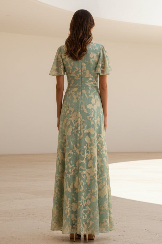 Metallic Jacquard Flutter Sleeve A-Line Gown