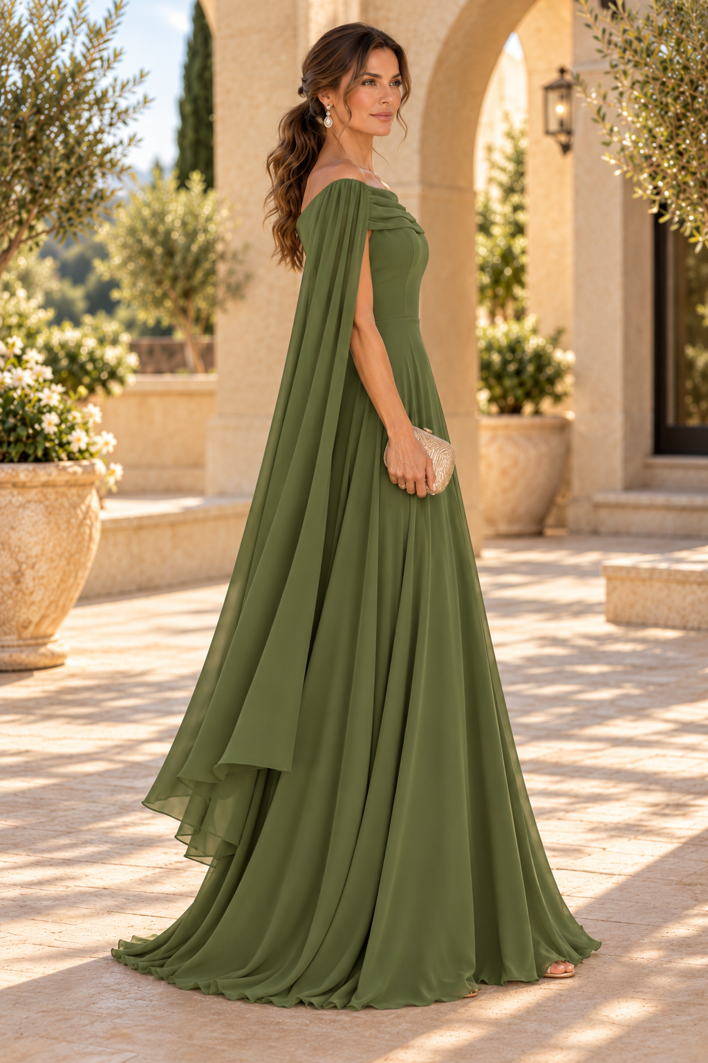 Off-the-Shoulder Cape Sleeve A-Line Gown