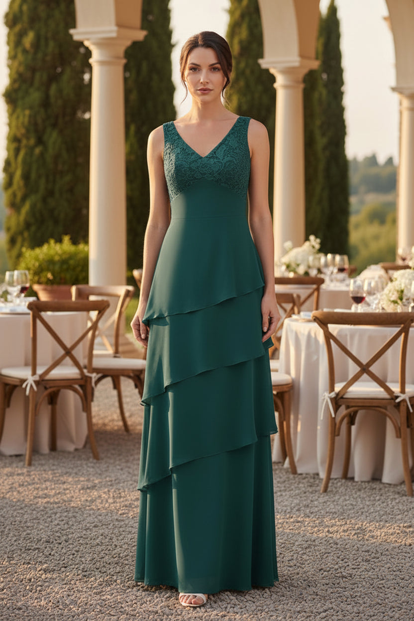 Elegant V-Neck Tiered Chiffon Gown with Jacket