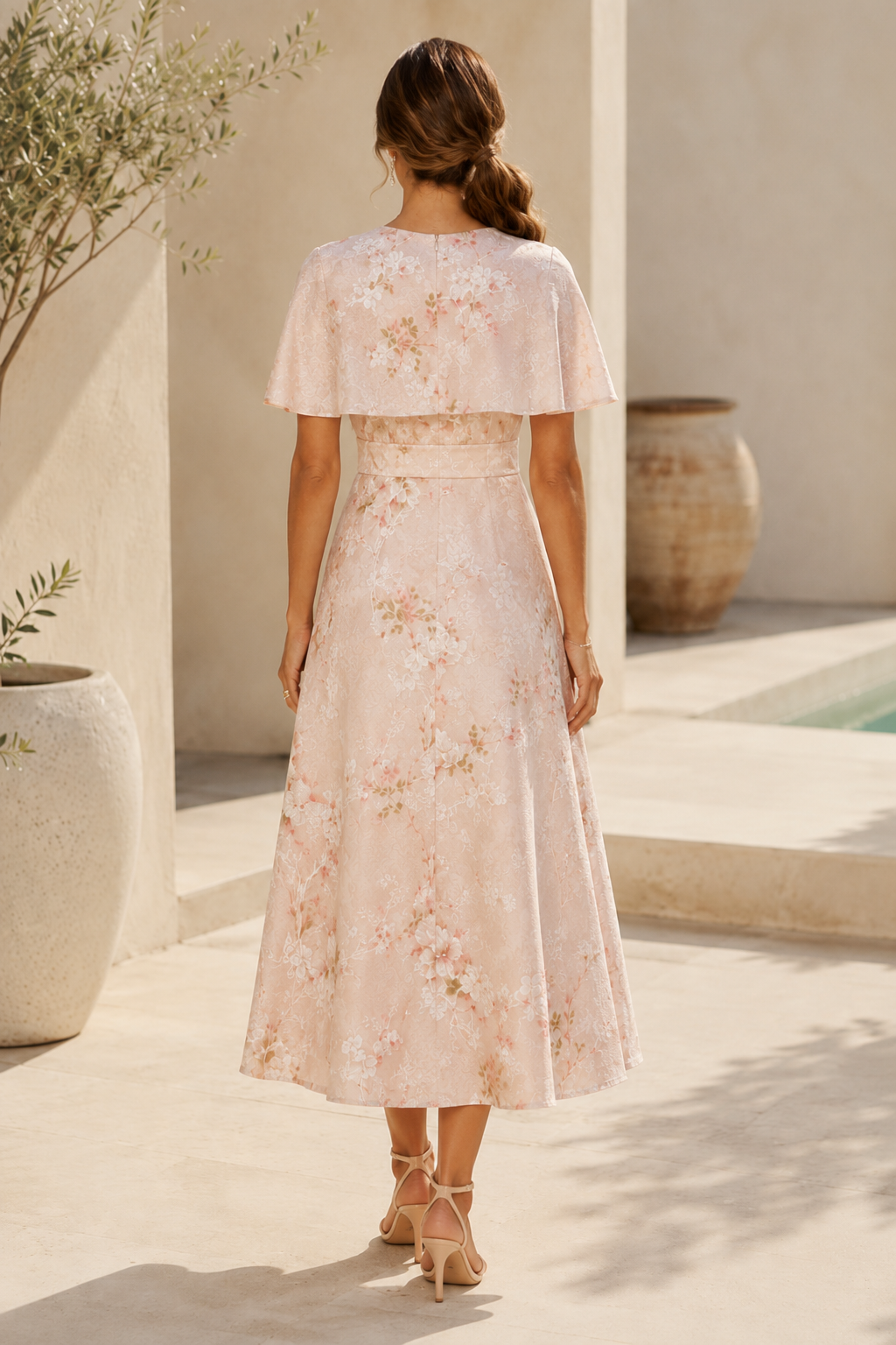 Floral Jacquard Midi Dress with Cape Detail