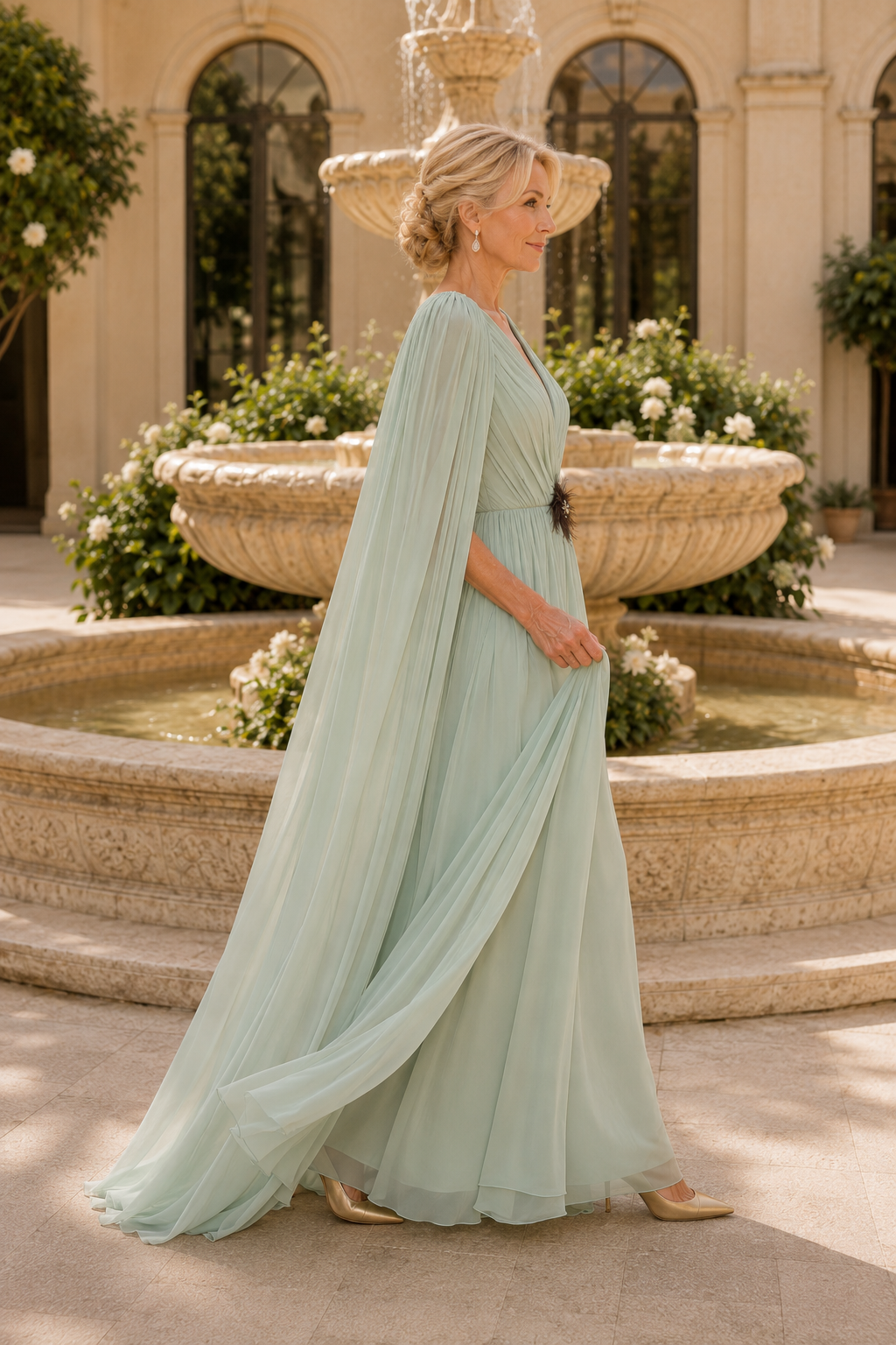 Pleated Cape Evening Gown with Feather Accent