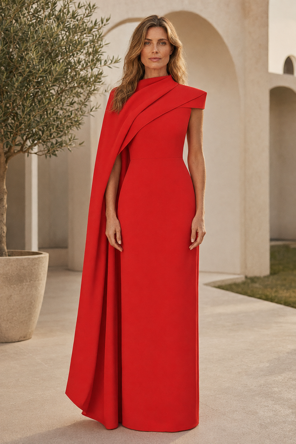 Asymmetrical Cape High Neck Column Evening Gown