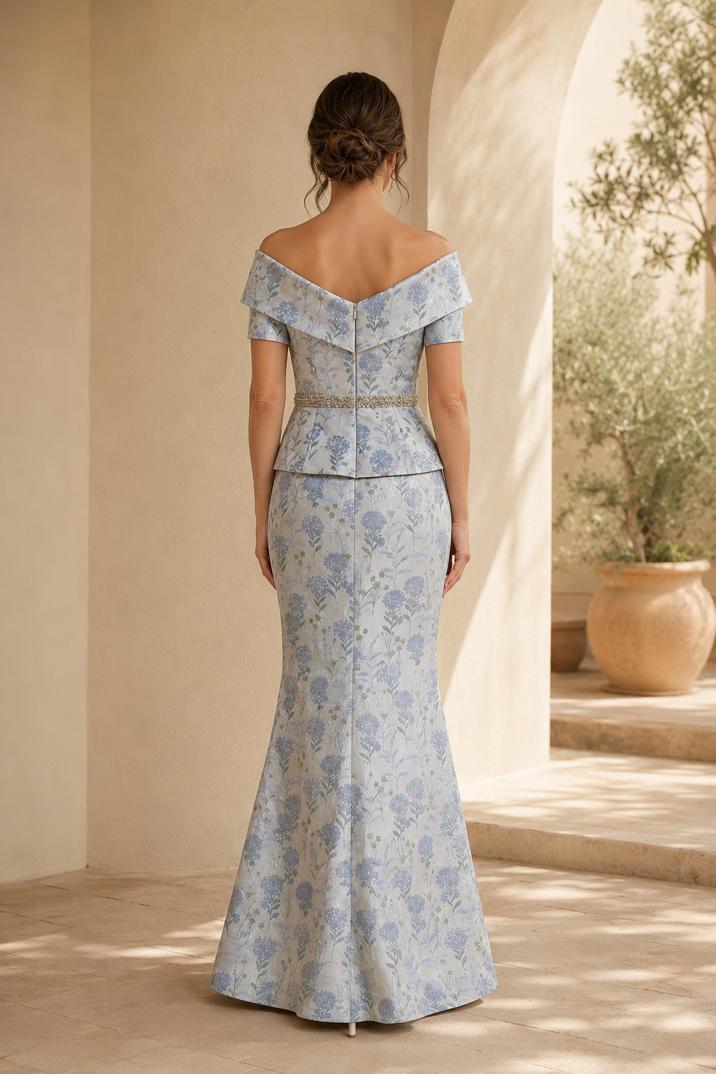 Off-the-Shoulder Peplum Jacquard Mermaid Gown