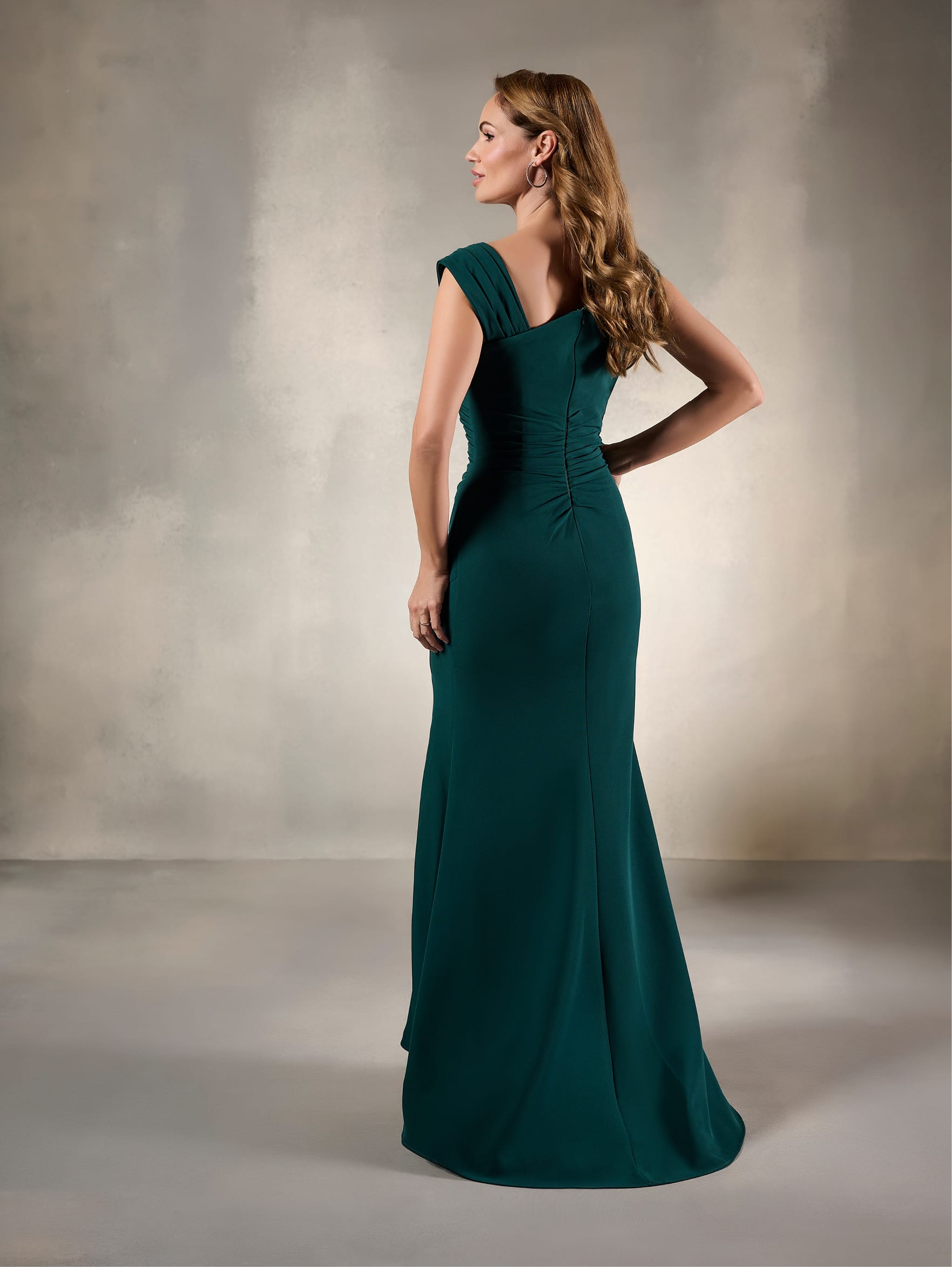 Asymmetrical Ruched Crepe Gown with High Slit