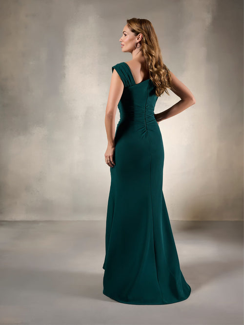 Asymmetrical Ruched Crepe Gown with High Slit