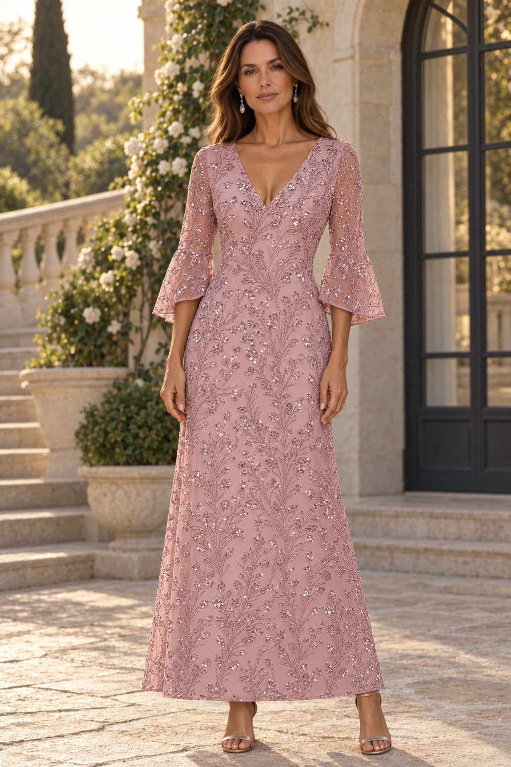 Sequin Bell Sleeve V-Neck A-Line Maxi Dress