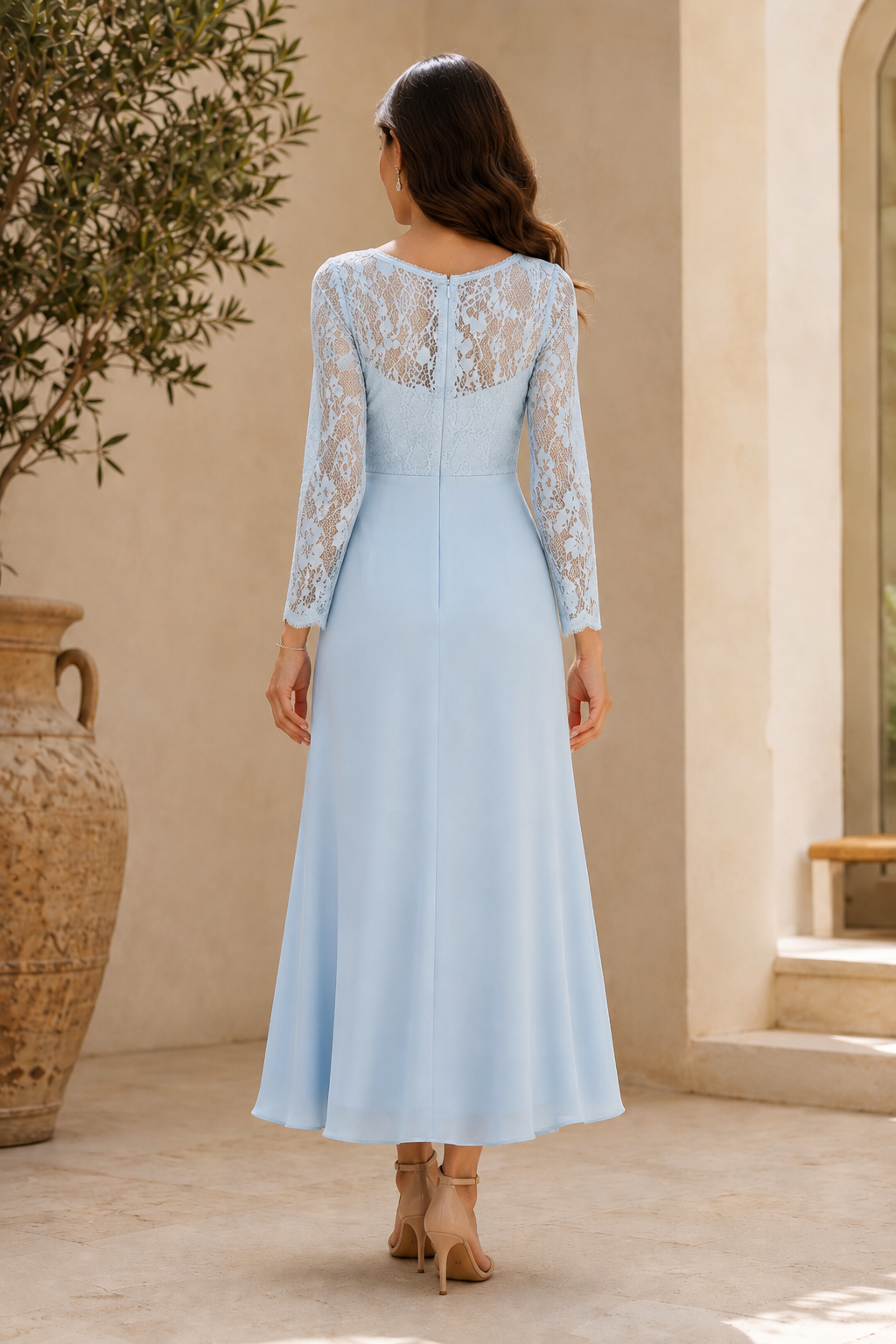 Lace Sleeve Wrap V-Neck High-Low Formal Dress