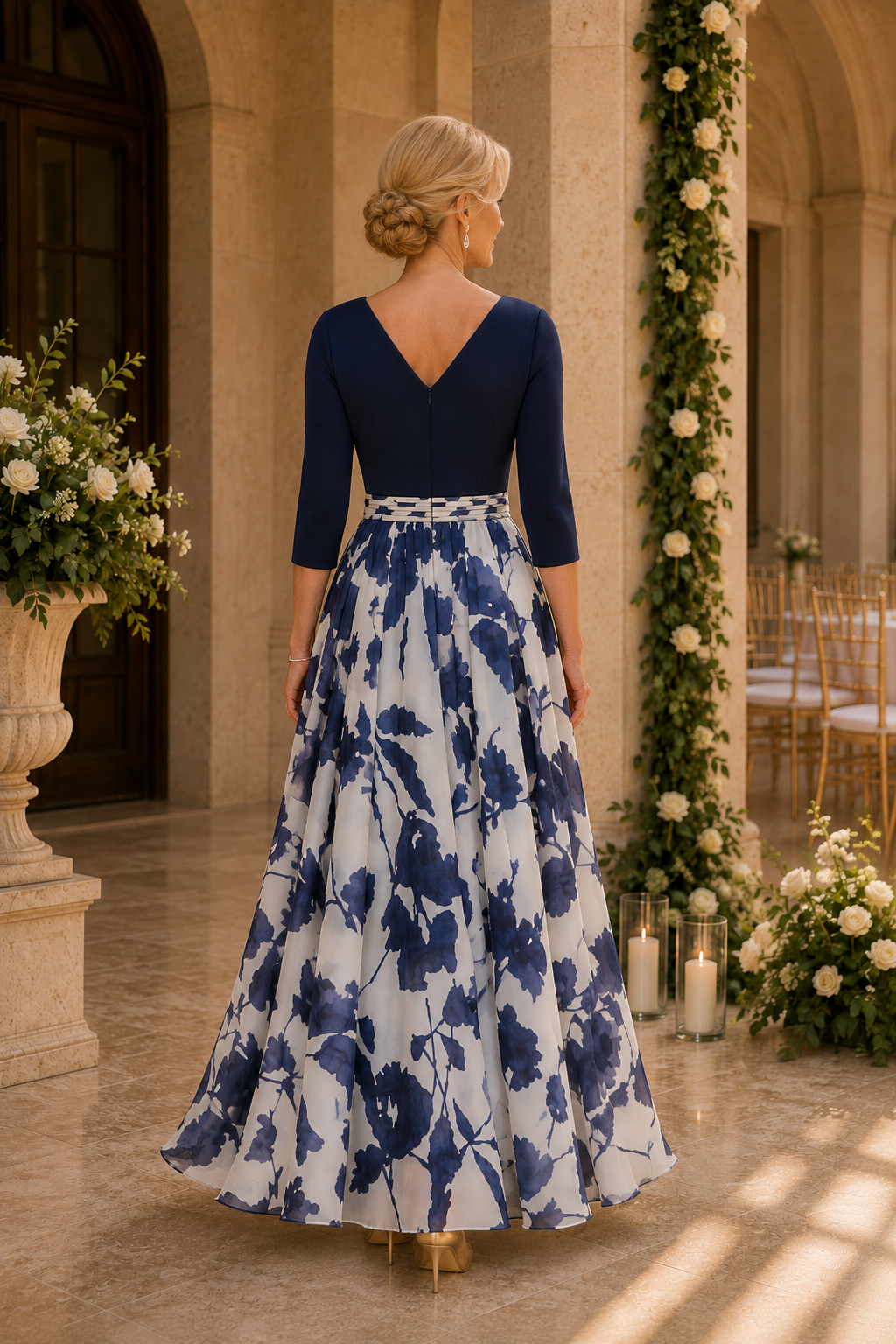 Floral Print A-Line Gown with 3/4 Sleeves