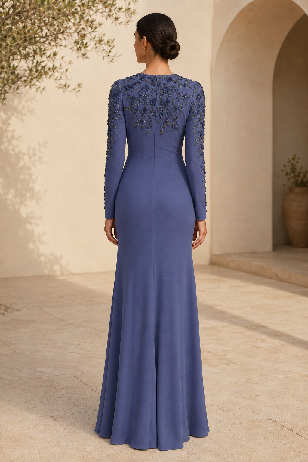 Long Sleeve Floral Beaded Evening Gown