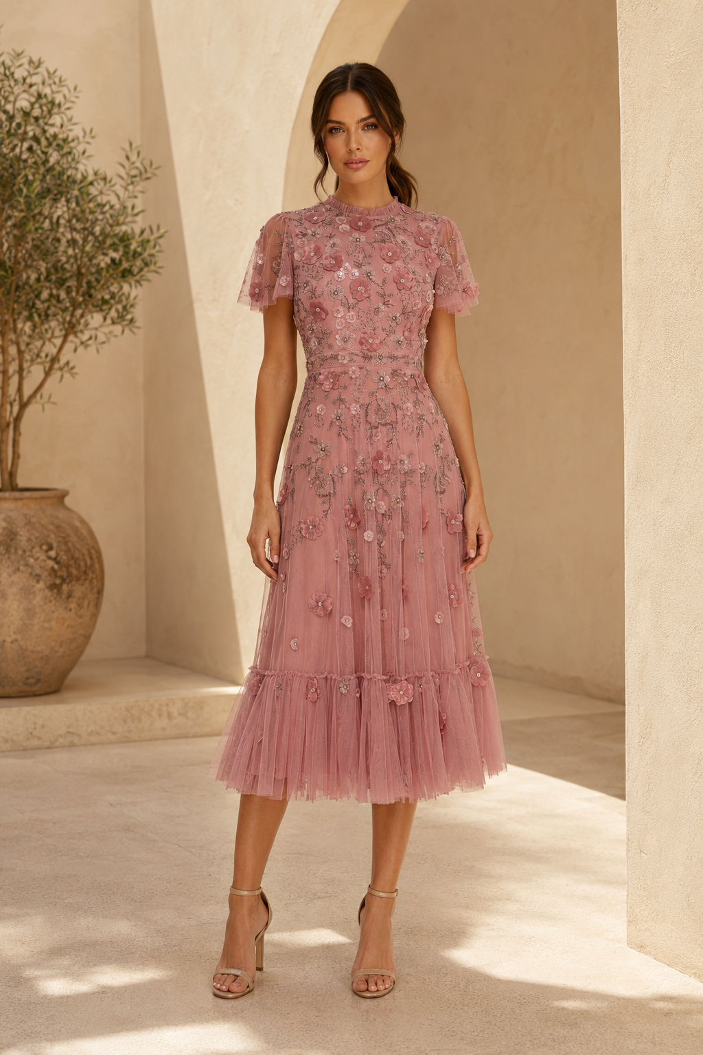 Floral Embroidered Tulle Midi Dress with Flutter Sleeves