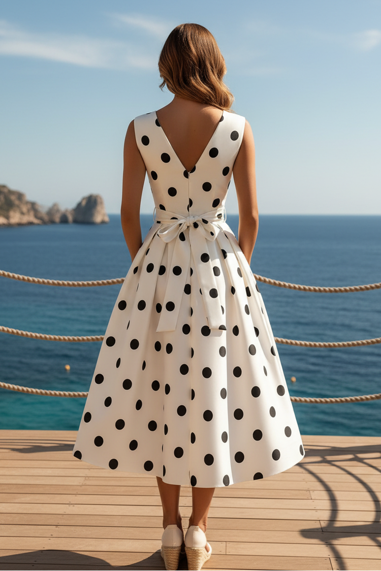 Polka Dot Wrap Midi Dress with Sash