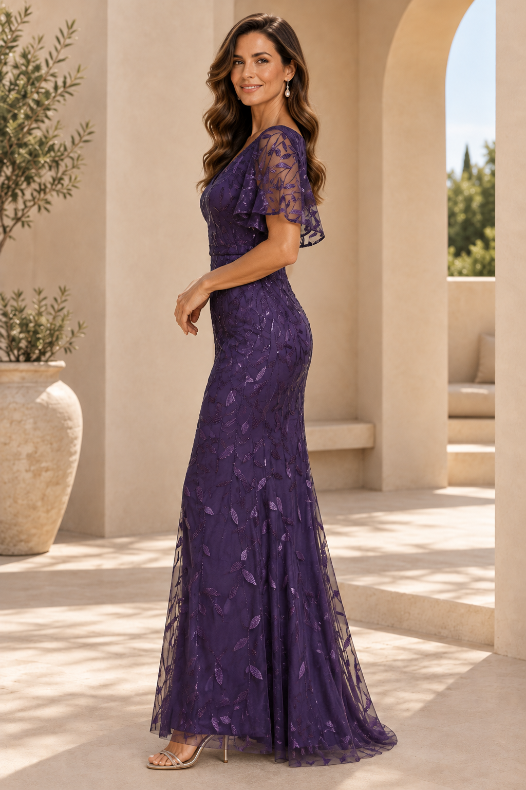 Sequin Embroidered Flutter Sleeve Evening Gown