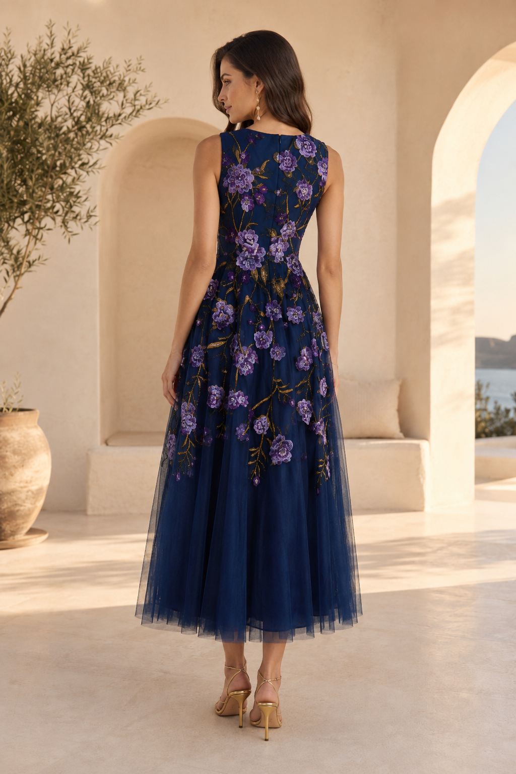 Floral Embroidered Tulle Tea-Length A-Line Dress