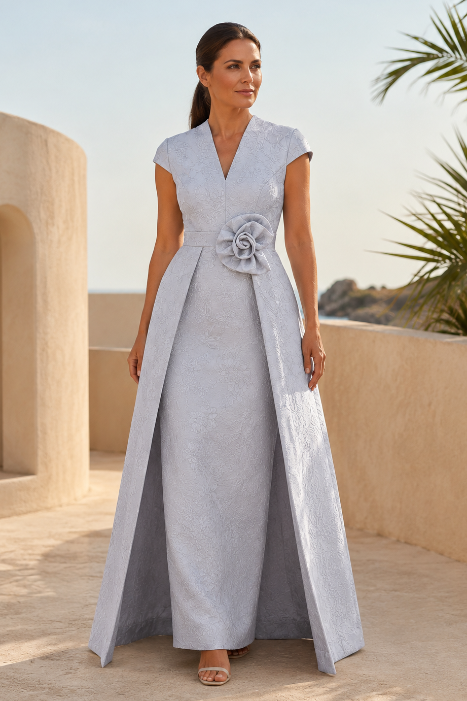 V-Neck Jacquard Gown with 3D Flower