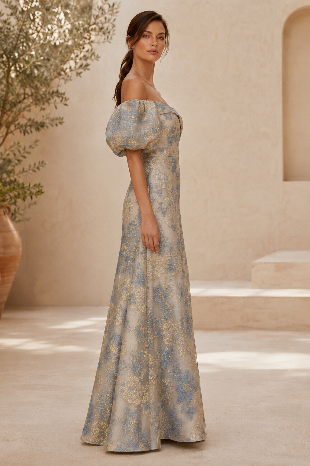 Off-the-Shoulder Puff Sleeve Jacquard A-Line Gown