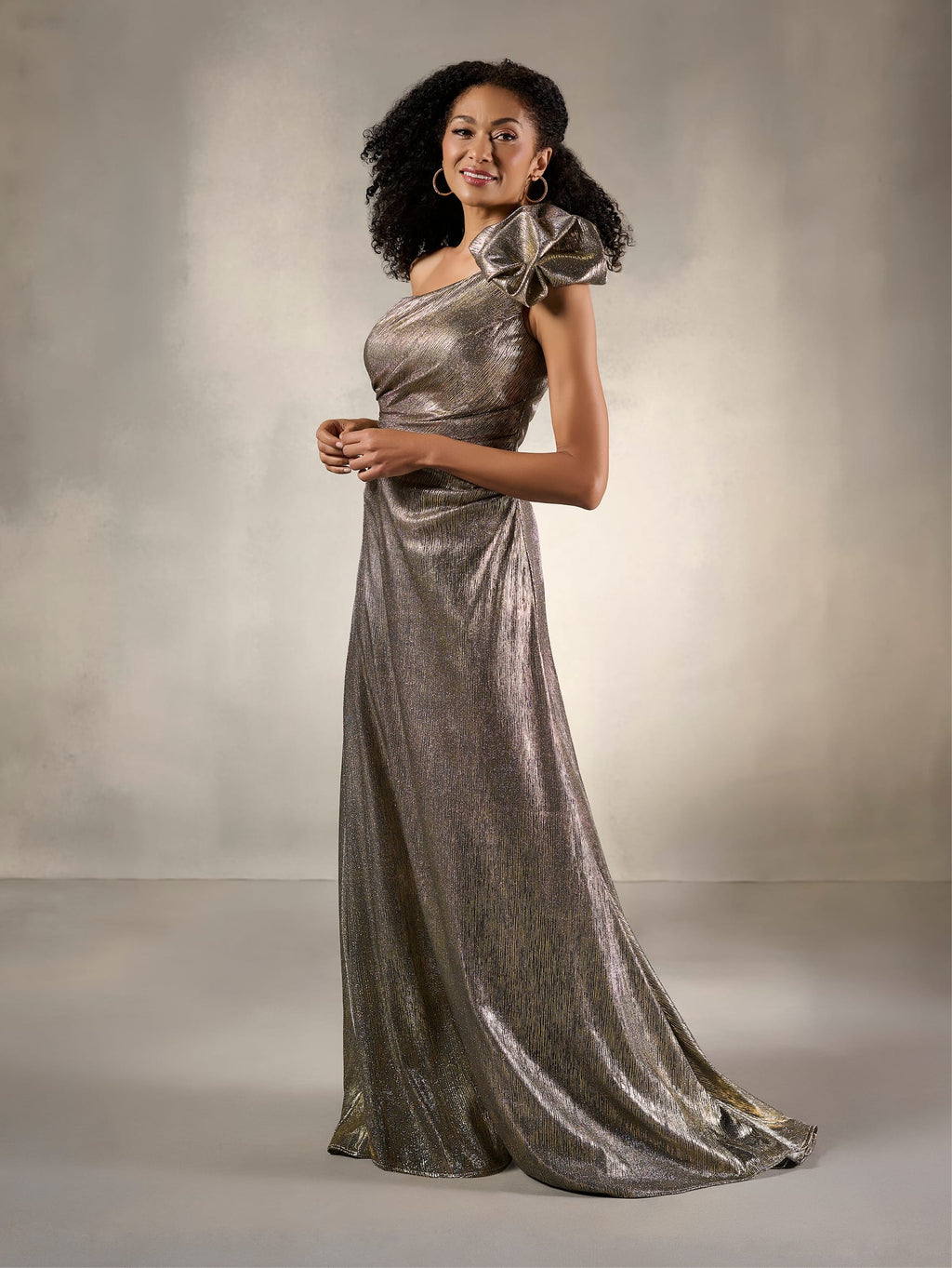 One-Shoulder Pleated Metallic Evening Gown