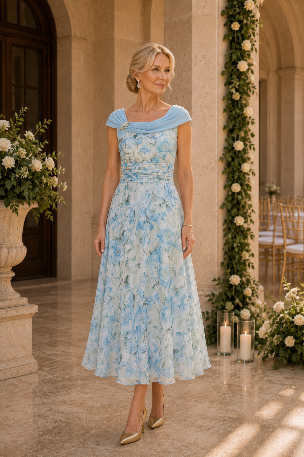 Floral Tea-Length Dress with Draped Neckline