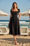 Elegant Scalloped Midi A-Line Dress with Pockets