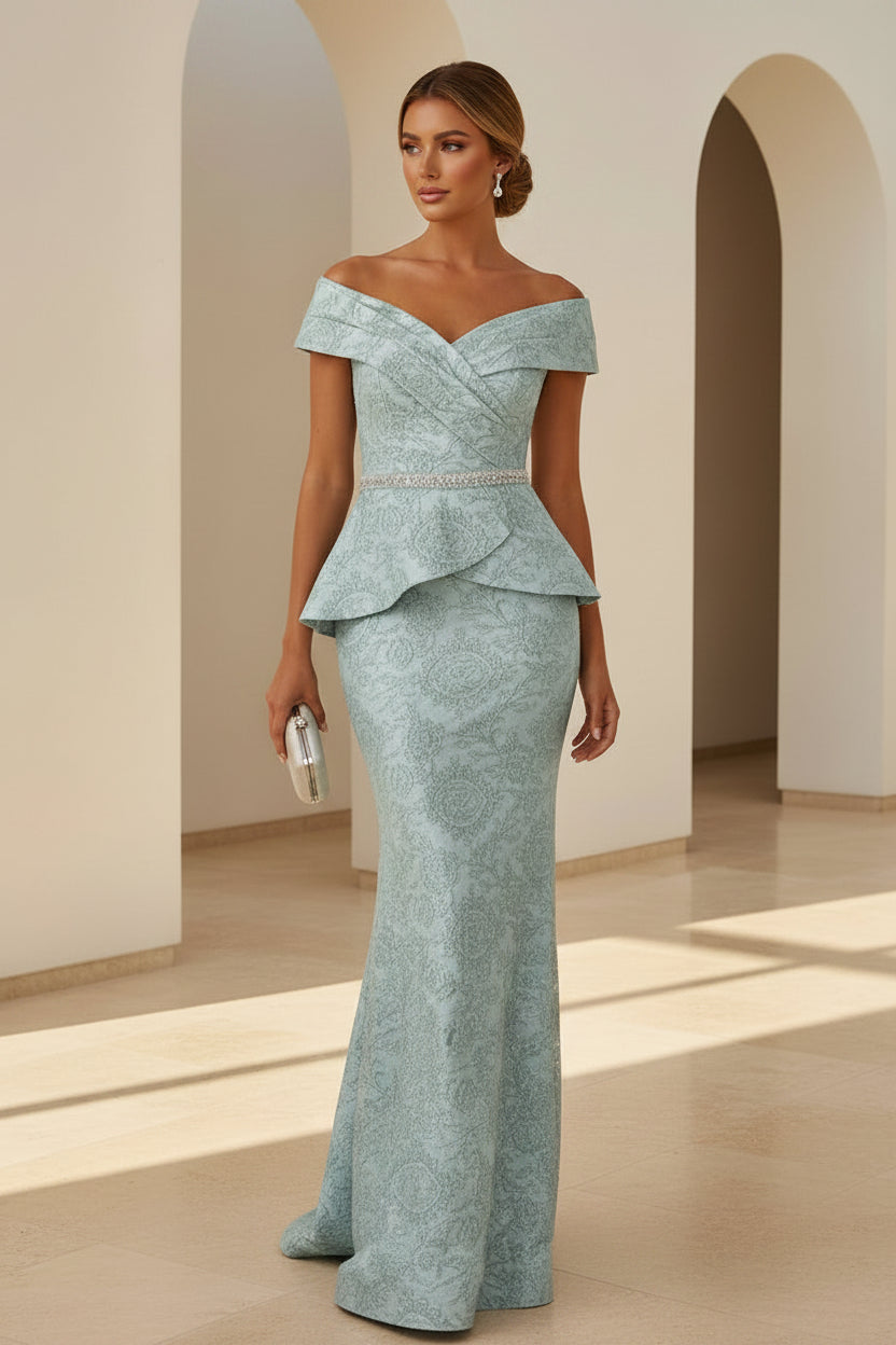 Off-the-Shoulder Peplum Jacquard Mermaid Gown